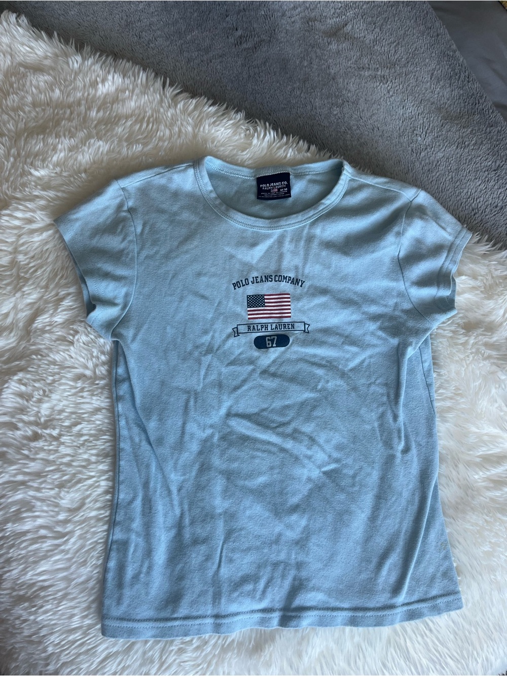 Ralph Lauren Light Blue Graphic Tee with American Flag